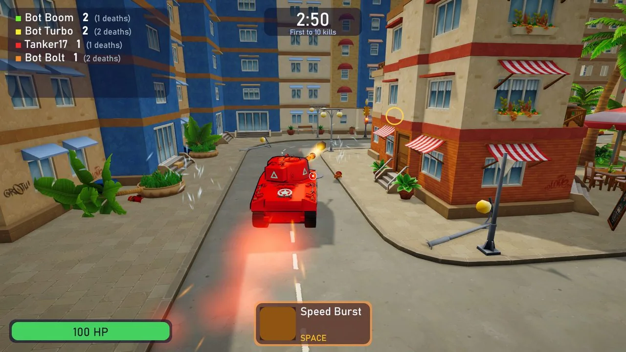 A tank tearing down a street on a Speed Burst, past a knocked-over street light