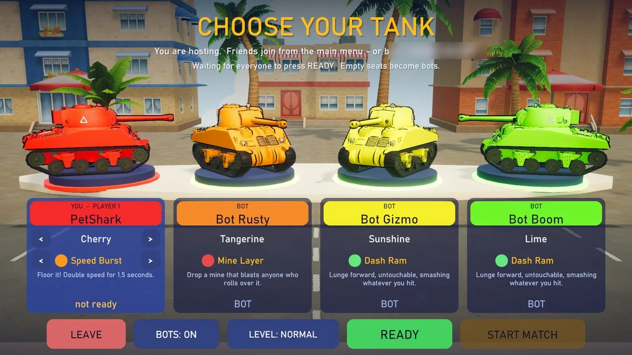 The lobby, four tanks on pedestals above the players' cards