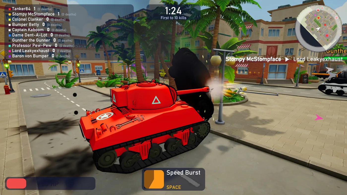A red tank firing in a town street, with black smoke rising beside it and scorch marks on the road