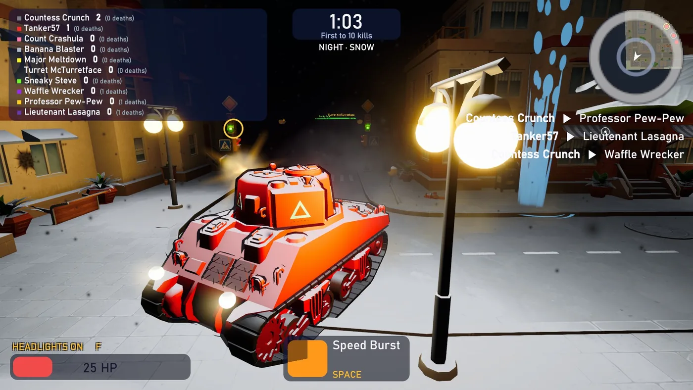 A tank at night in snow with its headlights on, beside a lit street lamp, its top white with snow