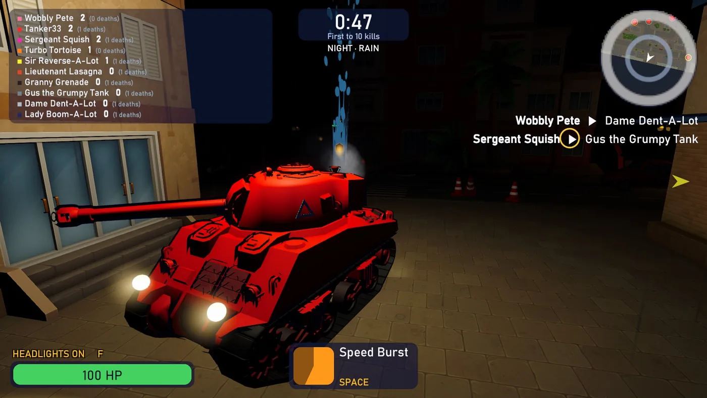 A red tank in a dark, wet street at night with its two headlights on
