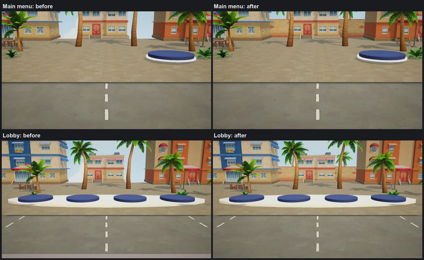 The town behind the main menu and the lobby, before and after. Before, sky shows between the back buildings down to the paving. After, a sandstone wall closes the gaps.