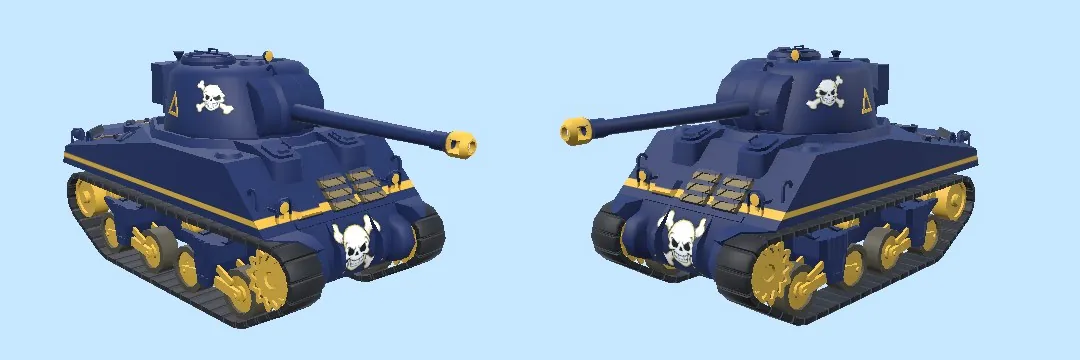 The navy Jolly Roger skin on the Scout from two sides, with a white skull and crossbones on the turret just ahead of a small gold triangle