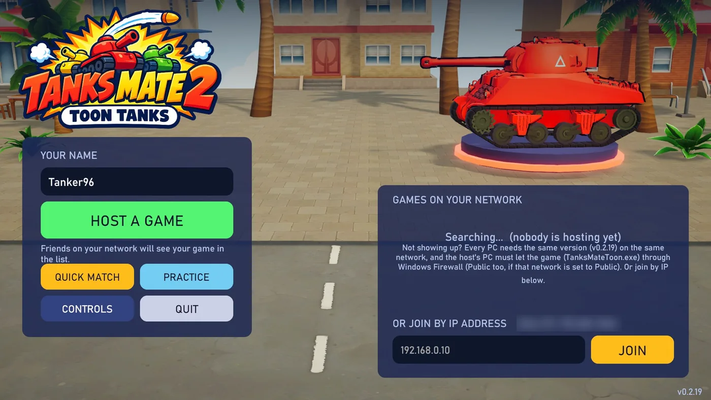 The main menu: the Tanks Mate 2: Toon Tanks logo at the top left, a red tank on a pedestal, and the panels to host or join a game