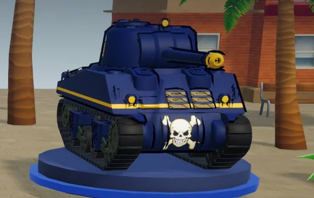 A navy tank with a white skull and crossbones on its front, on the main menu's pedestal