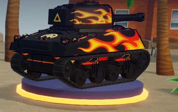A black tank with orange and yellow flames painted from the nose back, on the main menu's pedestal
