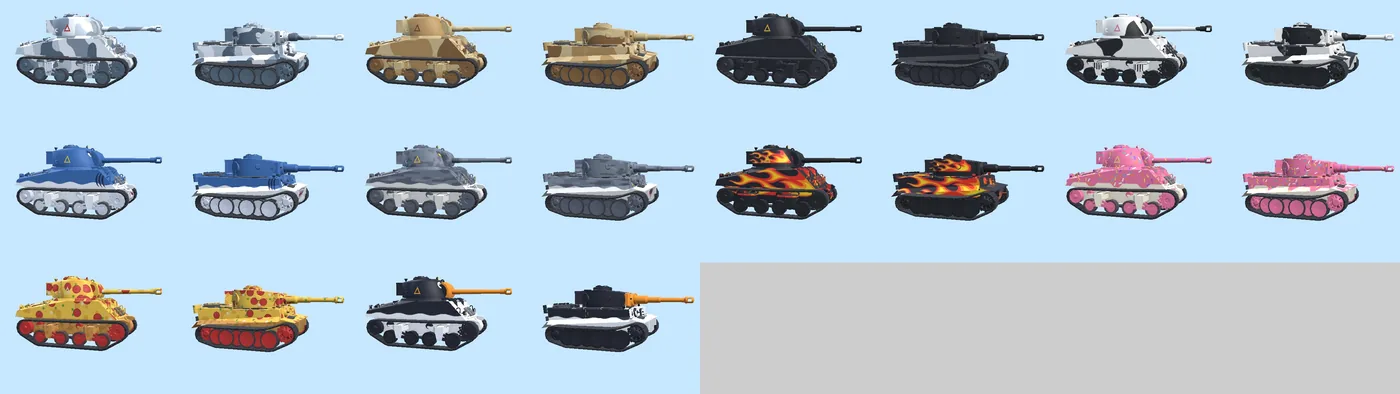 Ten skins on both tank types, from snow camouflage and flames to a cow print, each with wheels to match