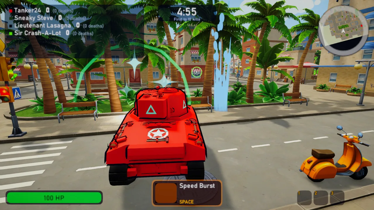 A red tank in a street, a jet of water rising from a broken hydrant and sparkles around the tank