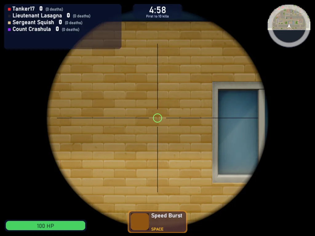 The scope's round view of a brick wall and window, with a small crosshair in the middle