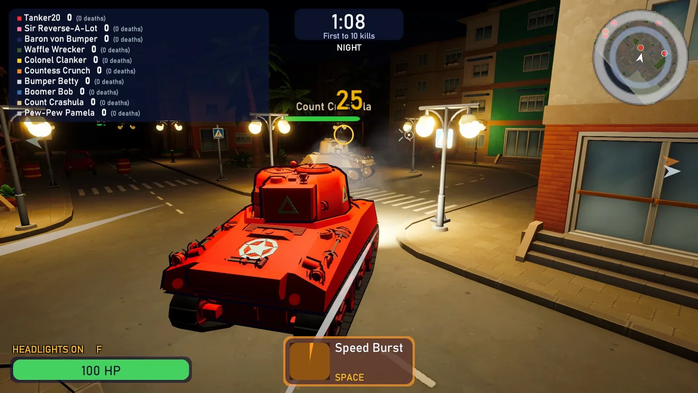A red tank at night in a street lit by pools of warm light from the street lamps, with another tank ahead of it under a lamp