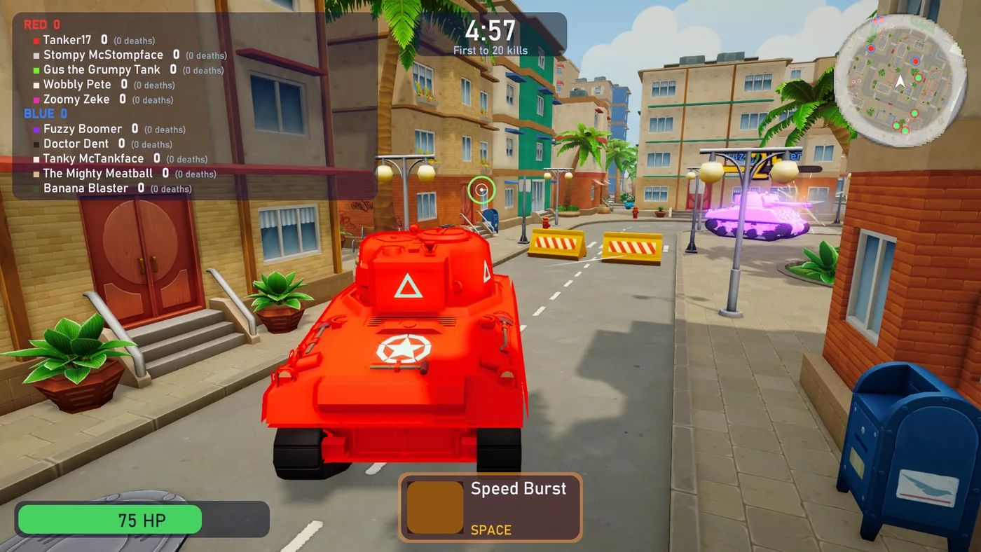 A red tank in a team match, with the Red and Blue team lists on the left and the radar on the right