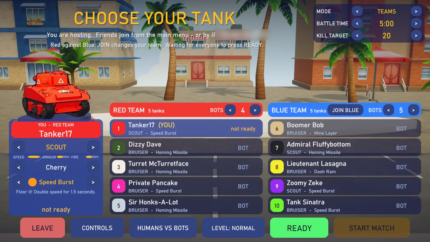 The team lobby, with the Red team's five seats beside the Blue team's