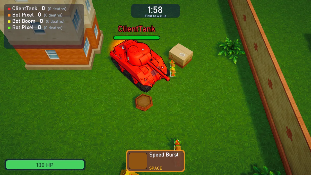 A red tank on grass beside a building, seen from above, with the scoreboard, the battle clock and the Speed Burst ability on screen