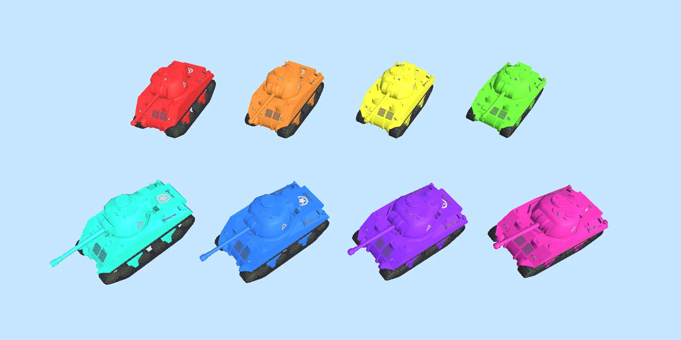 Eight cartoon tanks in bright colours, red, orange, yellow, green, cyan, blue, purple and pink