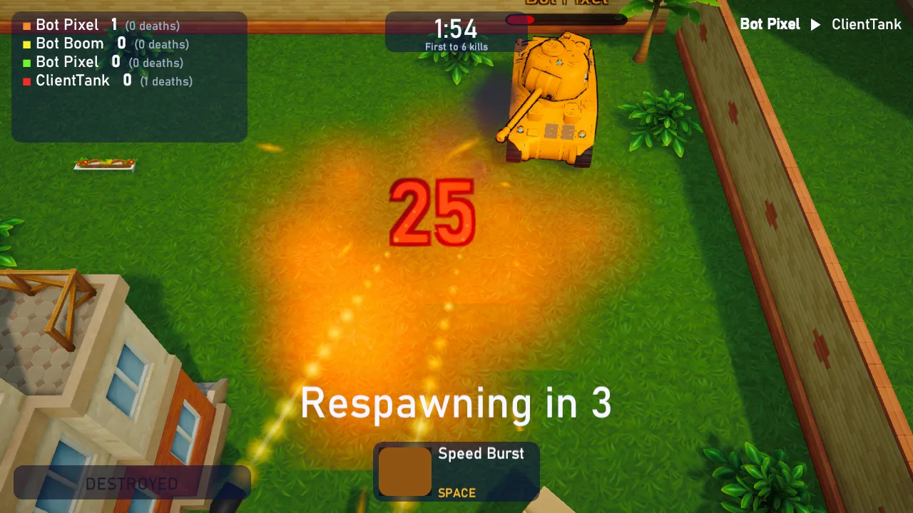 A destroyed tank's view, with 25 damage in big red numbers and Respawning in 3