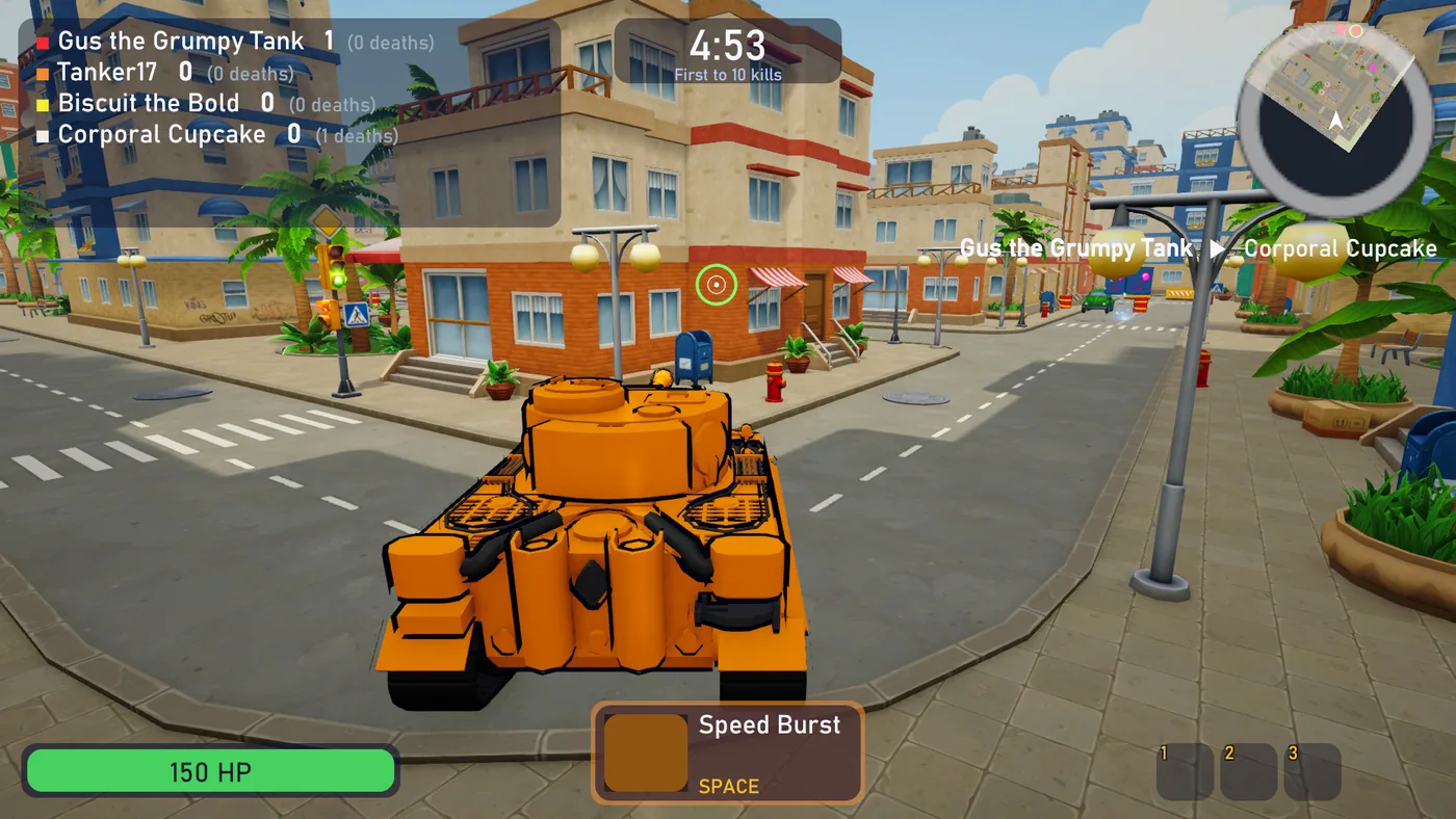 An orange Bruiser seen from behind in a street, with the radar in the top right corner
