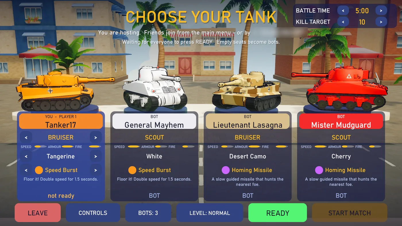 The lobby with four tanks on pedestals, Scouts and Bruisers, and the battle time and kill target options