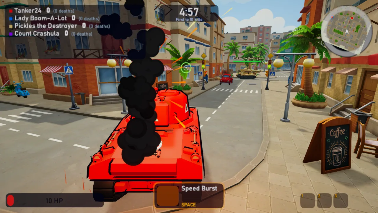 A badly damaged red tank pouring black smoke in a street, with the radar top right