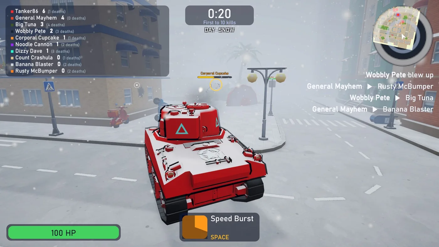 A red tank with snow on its hull and turret in a snow-covered street, with snow falling and the street lamps fading into white