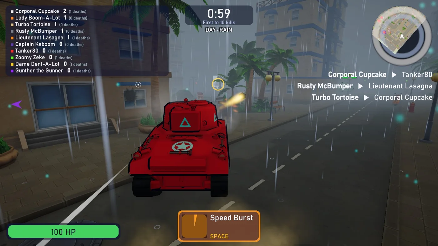 A red tank firing down a dark, wet street in falling rain, with the far buildings grey in the haze
