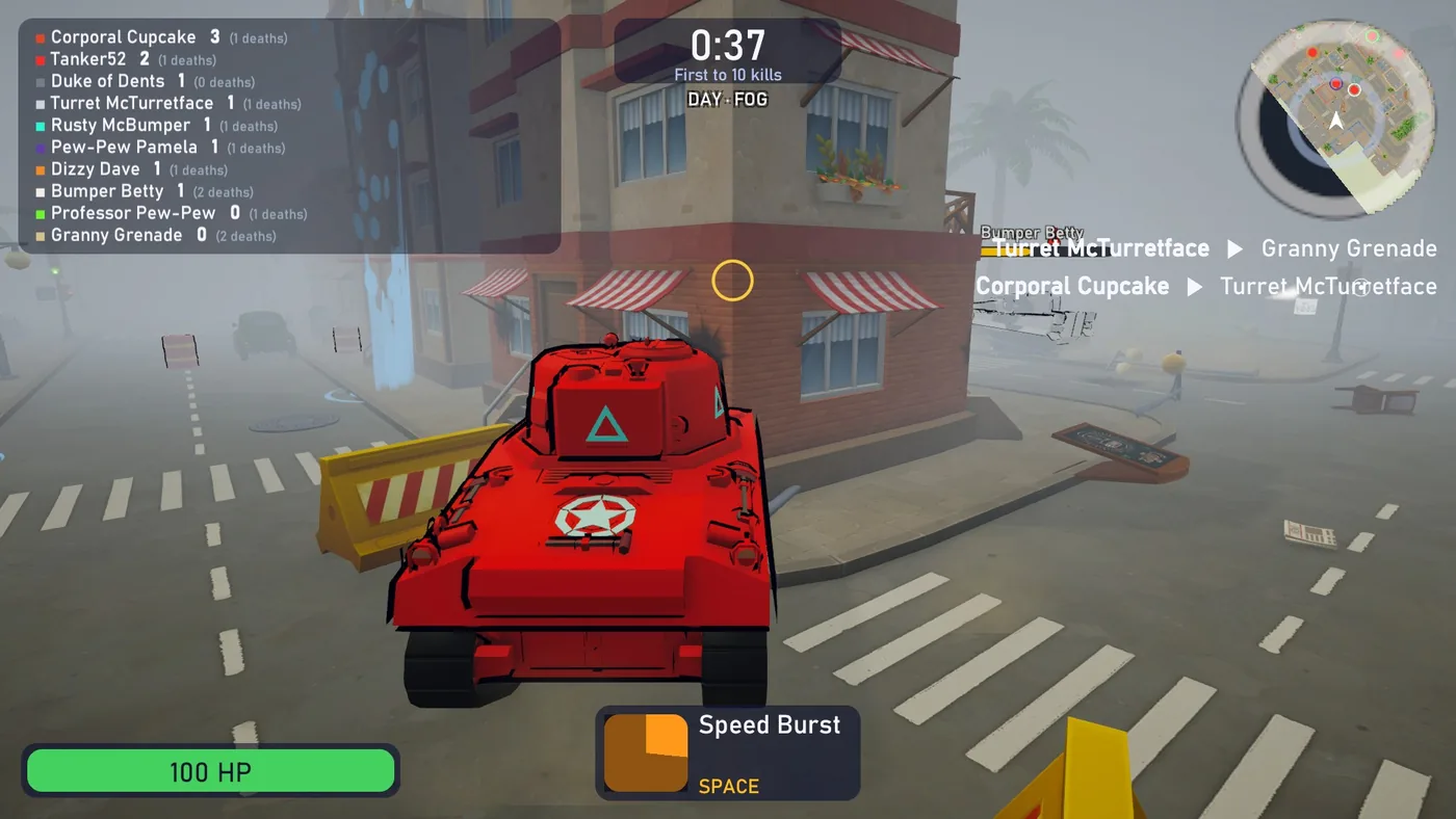 A red tank at a road crossing in fog, with the street beyond it fading to grey