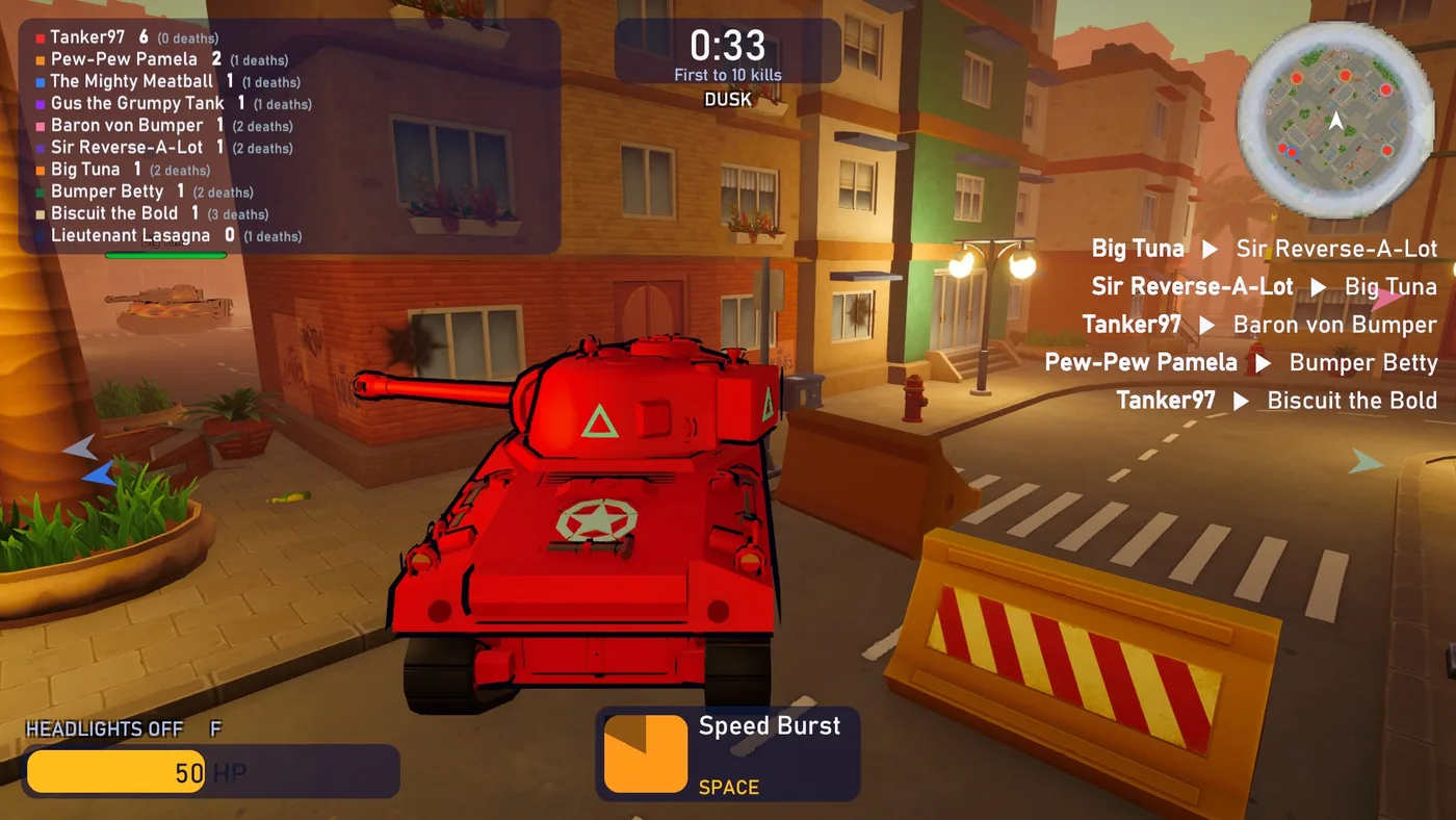 A red tank beside a road barrier in a street under an orange evening sky, with another tank faint in the haze