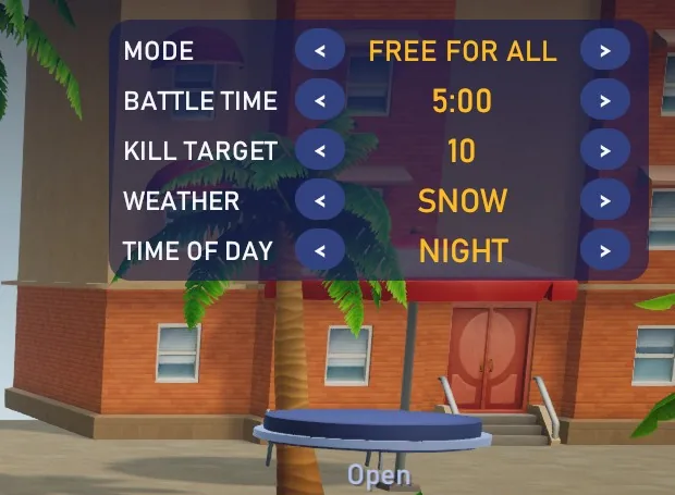 The lobby's match options: mode, battle time, kill target, and the two new rows, with the weather set to Snow and the time of day to Night