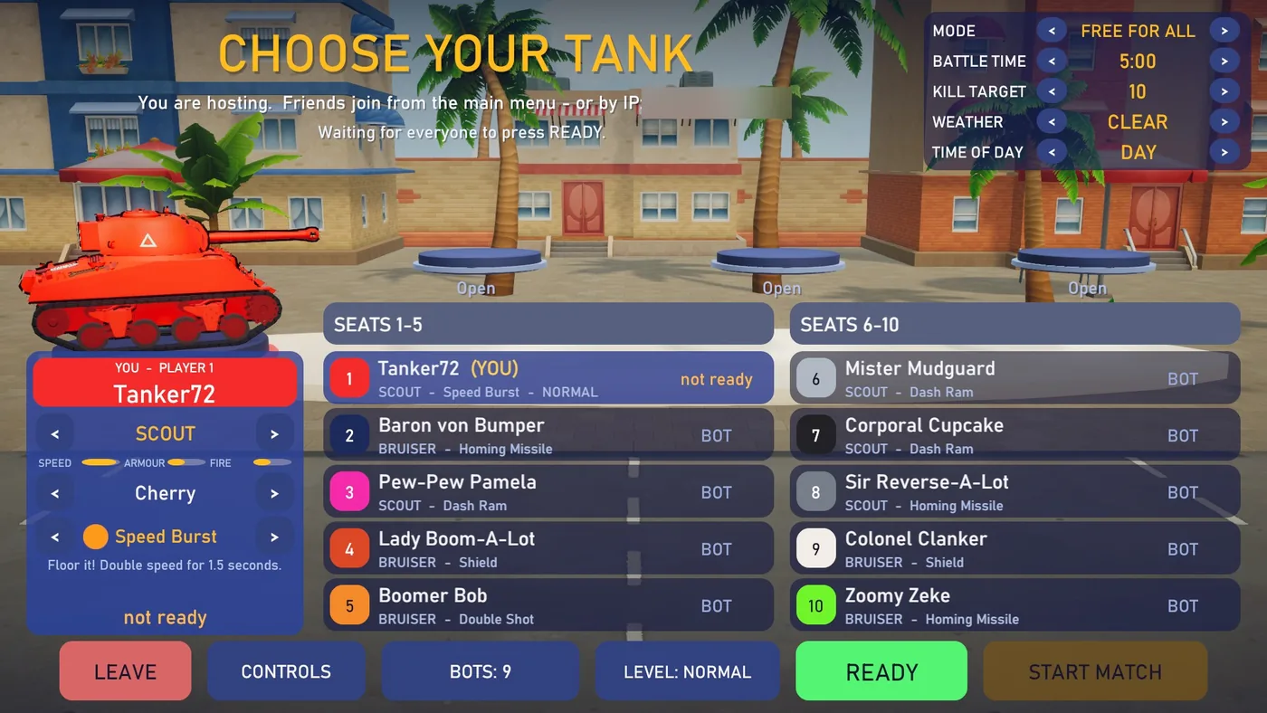 The lobby as the host sees it. On the left, your tank on a pedestal above pickers for tank, skin and ability. In the middle, ten numbered seats, one for you and nine for bots. At the top right, the match options. Along the bottom, the buttons Leave, Controls, Bots, Level, Ready and Start match.