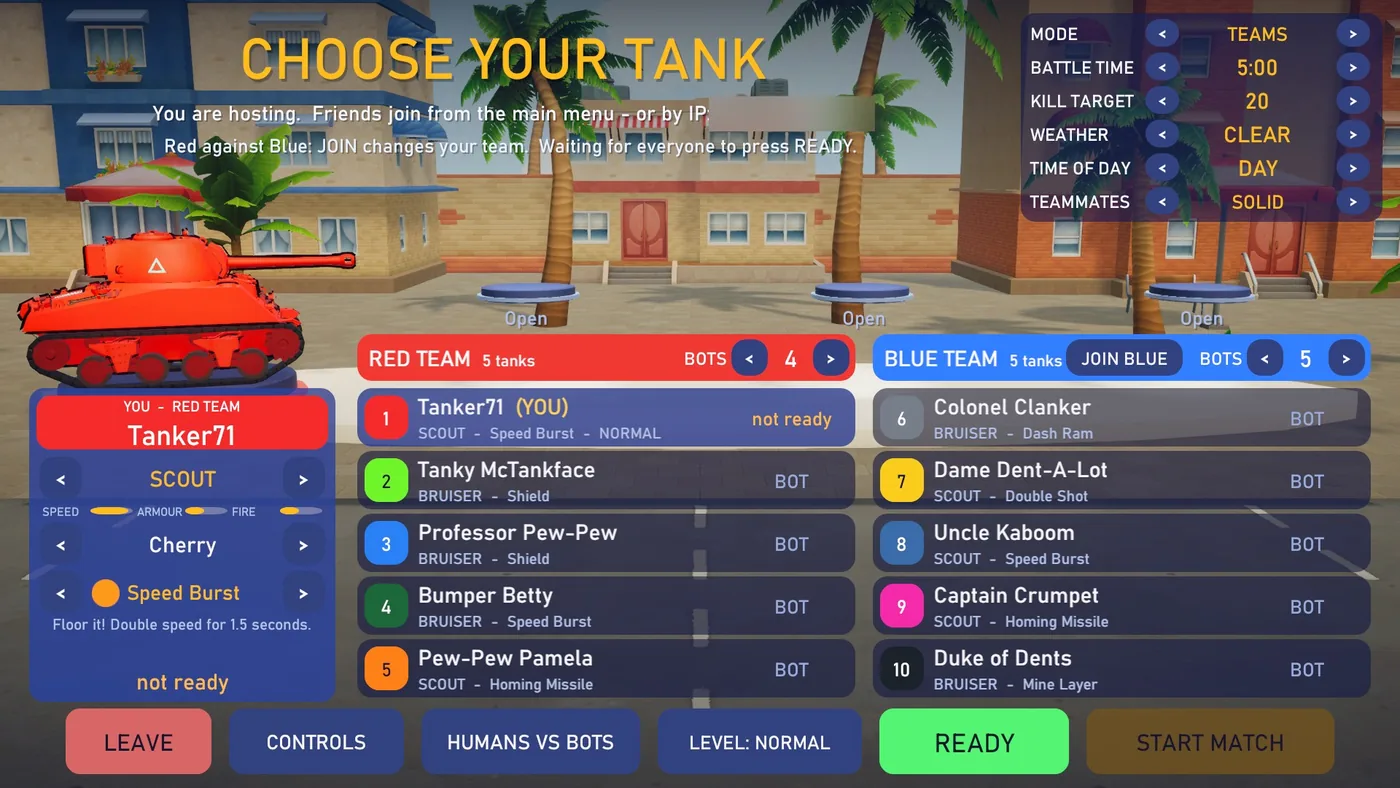 The lobby in a team match. The seats are split into a Red team and a Blue team, each with its own count of bots, and the Blue team's header has a Join Blue button. The match options have one more line, Teammates.