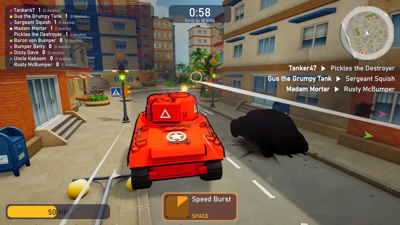 A match seen from behind a red tank in a town street. The scoreboard is at the top left, the clock at the top centre, the radar at the top right with the kill feed under it, the health bar at the bottom left and the ability button at the bottom centre.